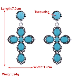 Bohemian vintage silver cross earrings with blue turquoise stones, 7.2cm length