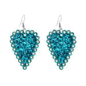 Detail of heart drop earrings with turquoise glitter and colorful rhinestones