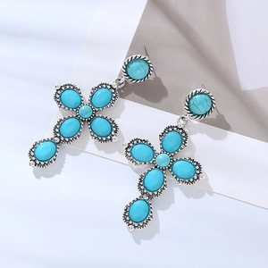 Vintage Bohemian Cross Dangle Earrings Women Alloy Synthetic Turquoise Inlaid Antique Silver Ethnic Style Party Jewelry