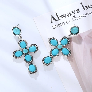 Vintage bohemian style turquoise cross drop earrings with antique silver alloy finish