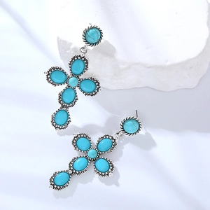Bohemian vintage cross drop earrings with silver alloy and turquoise stones inlay