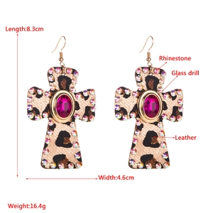 Bohemian leopard leather cross earrings with magenta glass stone and colorful rhinestones