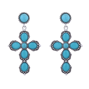 Retro bohemian silver cross earrings with blue turquoise stones and milgrain detailing