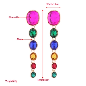 Exaggerated long multi-colored glass crystal drop earrings with alloy setting 9cm length