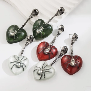 Gothic Skull Spider Heart Drop Earrings Alloy Rhinestone Halloween Party Exaggerated Dark Style Women Jewelry Retro Silver Earrings