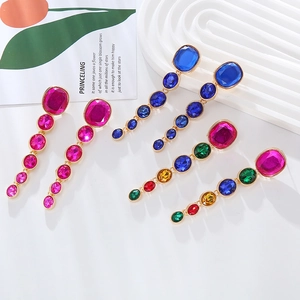 Exaggerated long multilayer crystal drop earrings in rose red, dark blue, and multi-color
