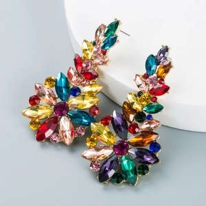 Chic hollow floral drop earrings with vibrant multi-colored crystals and gold finish