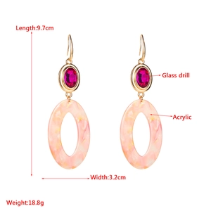 Pink marble acrylic geometric drop earrings with rose red crystal and gold finish