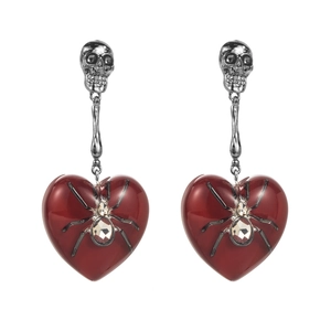 Gothic skull earrings with red heart pendants and diamond-studded spiders for parties