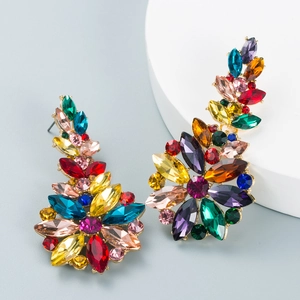 Elegant gold hollow flower earrings with colorful rhinestones for banquet fashion