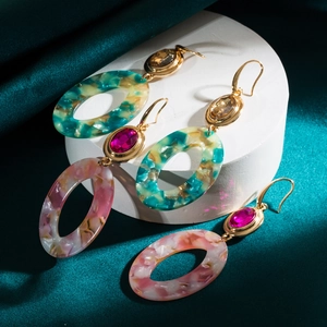 Western Bohemian Alloy Pink Acrylic Marble Texture Drop Earrings For Women Geometric Oval Inlaid Rhinestone Long Dangle Earrings