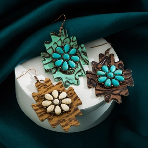 Orecchini a Goccia in Similpelle Vintage Bohémien con Fiore di Turchese Intarsiato Donna Geometrici in Lega Stile Western