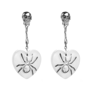 Detail showing Gothic skull drop earrings with crystal spider inside heart pendant