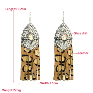Bohemian leopard print leather teardrop earrings with vintage silver floral metal inlay