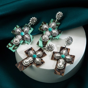 Vintage Bohemian Cross Drop Earrings Alloy Embossed Leather Inlaid Rhinestone Western Style Jewelry Earrings For Women