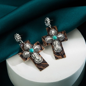 Vintage bohemian cross earrings with turquoise inlay and embossed brown leather texture