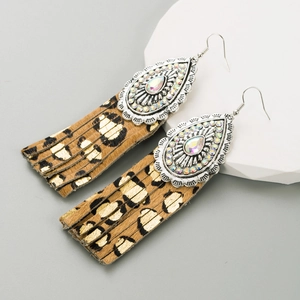 Bohemian leopard print teardrop earrings with silver rhinestone inlay and pony hair