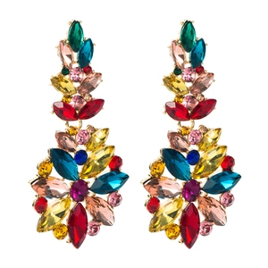 Elegant bohemian floral drop earrings with multicolored crystals in gold-plated settings