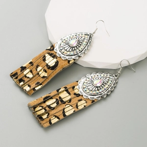 Retro leopard print earrings with teardrop alloy frame and sparkling crystal accents