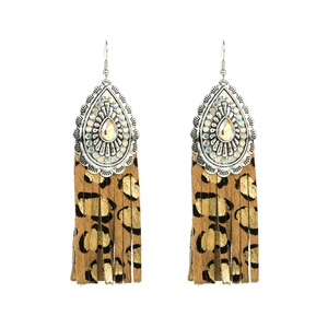 Bohemian leopard print fringe earrings with vintage silver teardrop studs and rhinestones