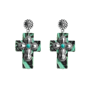 Vintage cross earrings with turquoise inlay and animal print leather textures on white background