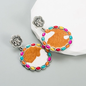 Vintage round faux cowhide leather earrings with colorful stones and bohemian silver flower
