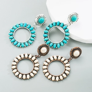 Boucles d'Oreilles Pendantes Rondes en Alliage Turquoise Vintage Bohème pour Femmes Style Palais Ethnique Boucles d'Oreilles Pendantes Géométriques à Incrustation de Cercle Bijoux