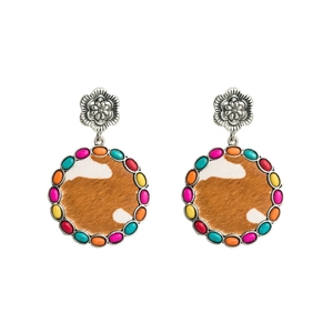 Bohemian silver flower earrings with turquoise cow print leather and colorful stones