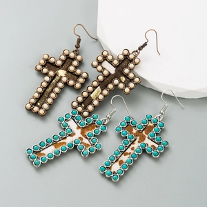 Boucles d'Oreilles Pendantes Croix en Alliage Vintage avec Turquoise Artificielle pour Femmes Bijoux Ethniques en Cuir Imprimé Perles Boucles d'Oreilles Minimalistes