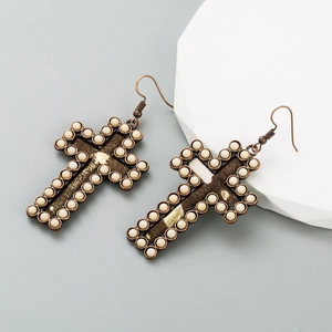 Boucles d'oreilles croix rétro avec perles turquoise et finition alliage rustique