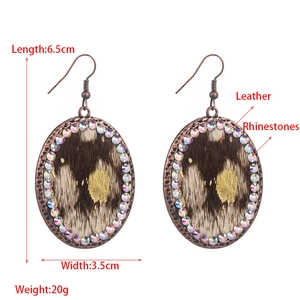Vintage leopard print oval drop earrings with rhinestones and copper hooks, 6.5cm length