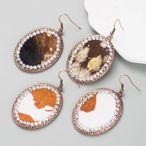 Vintage Leopard Cow Print Leather Oval Drop Earrings Bohemian Alloy Rhinestone Inlaid Dangle Earrings For Women Jewelry Gift