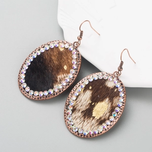 Vintage leopard print oval earrings with sparkling rhinestones and bronze hooks