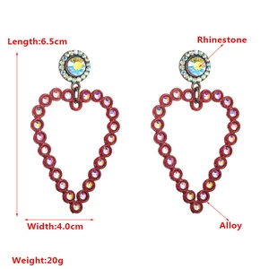 Exaggerated large red heart earrings with colorful rhinestones, 6.5cm length design