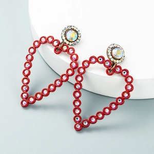 Women Exaggerated Red Alloy Heart Drop Earrings With Shimmering AB Rhinestone Fashion Statement Jewelry For Party
