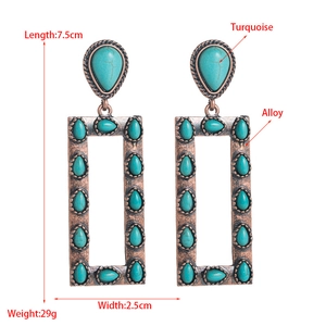 Vintage bohemian copper alloy rectangular earrings with turquoise water drop stones
