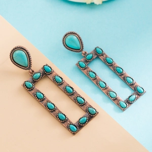 Vintage copper rectangle earrings with teardrop turquoise in bohemian geometric style