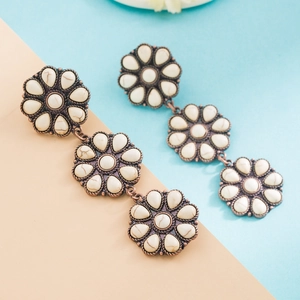 Vintage retro 3-tier floral drop earrings with white stones in antique bronze finish