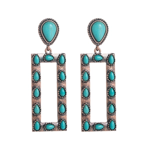 Bohemian vintage long rectangular dangle earrings with turquoise stones in antique bronze