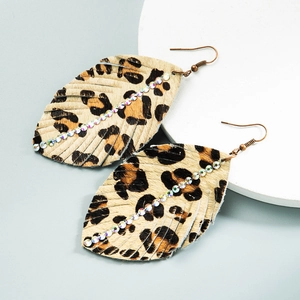 Vintage-Ohrringe in Blattform mit Leopardenmuster, Leder, Strass und Bronze-Haken
