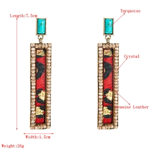 Bohemian geometric rectangular earrings with turquoise and leopard print leather texture