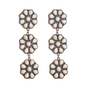 Vintage bohemian three-tier flower drop earrings with bronze finish and white marble stones
