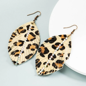 Vintage Ohrringe in Blattform mit Leopardenmuster, Strasssteinen und Bronze-Haken