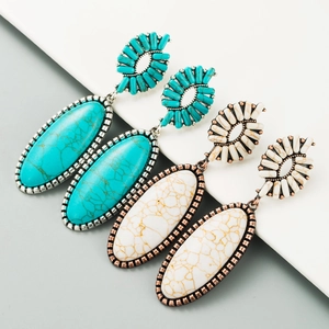 Vintage Bohemian Alloy Turquoise Drop Earrings Ethnic Style Large Oval Geometric Dangle Jewelry For Women Party Gift