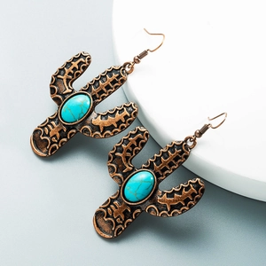 Vintage bronze cactus drop earrings featuring engraved metal textures and turquoise stones