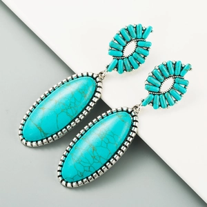Vintage silver alloy earrings with layered oval turquoise stones in bohemian style