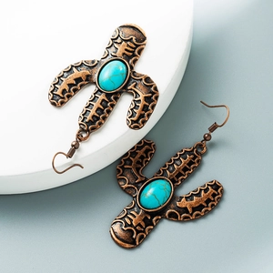 Bohemian cactus drop earrings in retro bronze finish with oval turquoise stone inlay