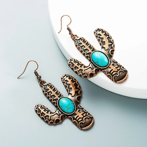 Retro Bohemian Cactus Drop Earrings For Women Western Style Alloy Copper Plated Synthetic Turquoise Jewelry Accessories