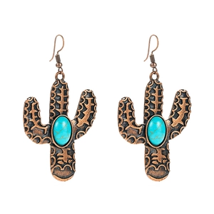 Vintage copper-plated cactus earrings with turquoise stones and western ethnic style