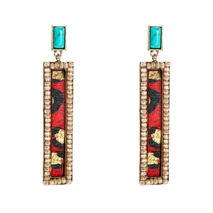 Bohemian rectangular earrings with turquoise studs and leopard print fabric design
